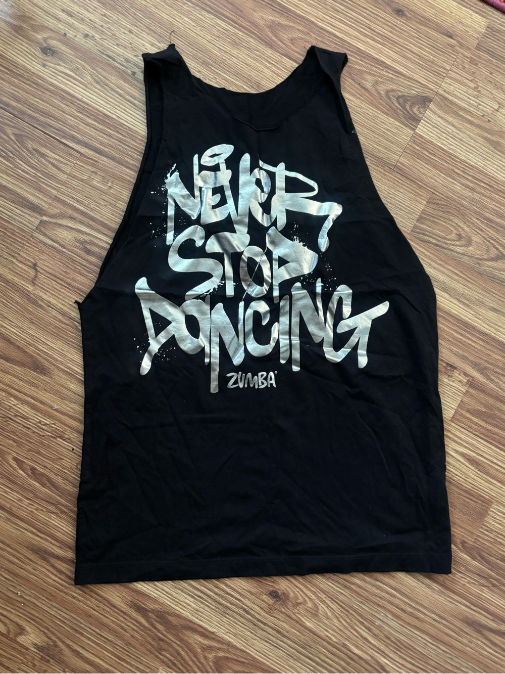 Zumba Black Tank with Metallic Silver "Never Stop Dancing" Graphic